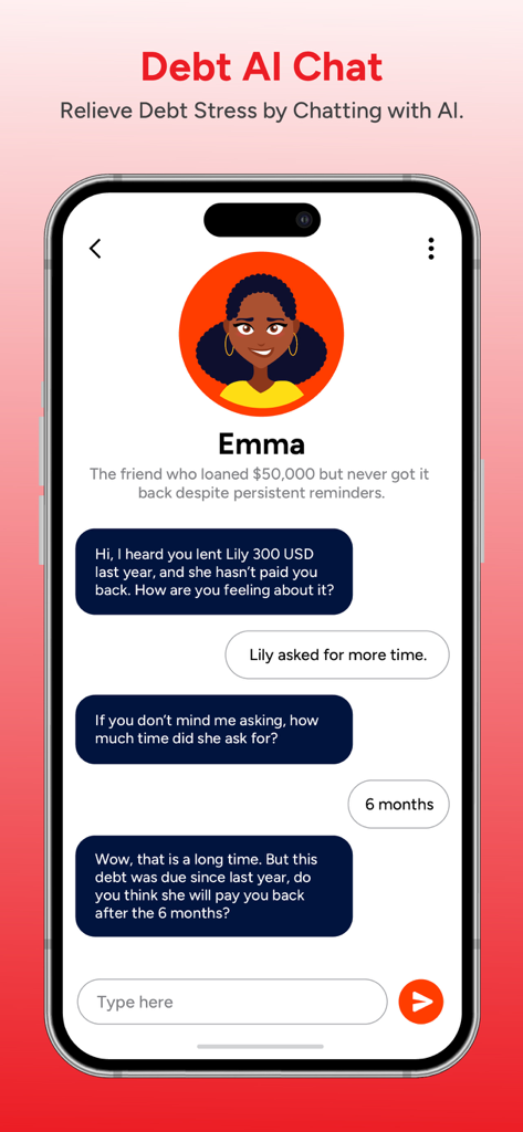 My Debt Manager app Debt AI Chat interface showing a conversation with a virtual assistant to manage financial stress