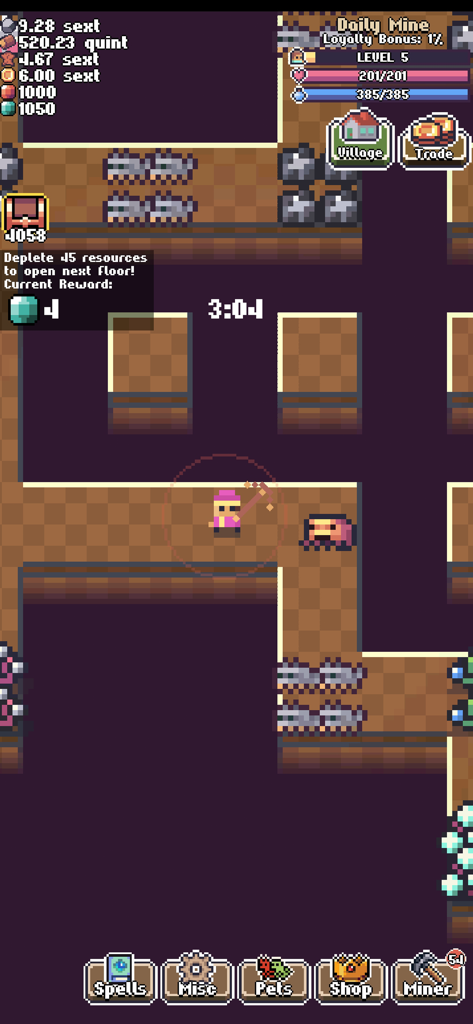 Idle Pocket Crafter 2 - A pixel art character with a pickaxe exploring a dungeon in the mobile game Idle Pocket Crafter 2