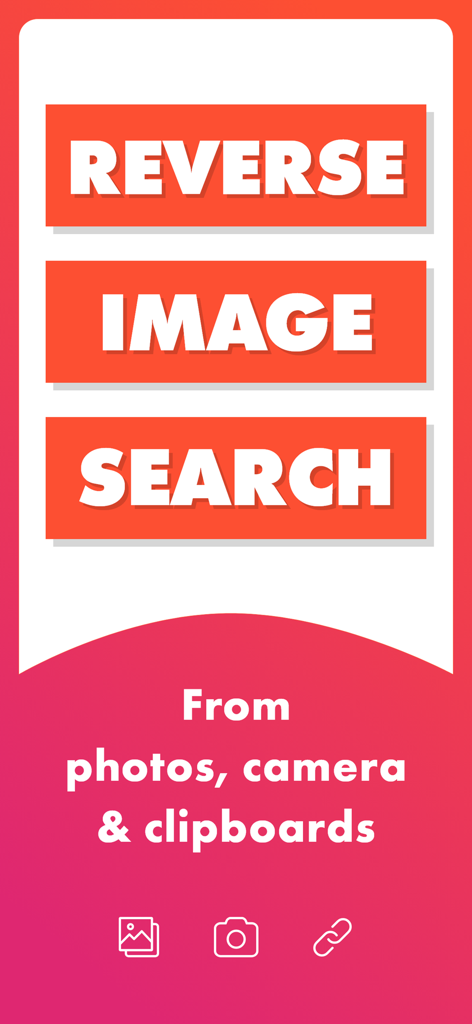 Reverse - Image Search - リバースイメージ検索アプリのインターフェースに、写真、カメラ、クリップボードからの検索オプションが表示されています