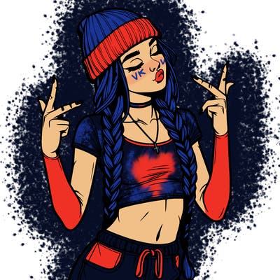 realistic teenage girl with braids and a beanie and crop top doing 🫶🏼