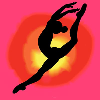 gymnast doing a leap in a leotard with a bent back leg
