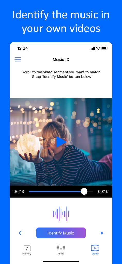 Music Identifier ‣ Find Songs - interface of music identifier app showing song identification from an imported video