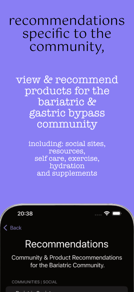 Tela do aplicativo BariGood Timer exibindo recomendações de produtos e da comunidade para pacientes bariátricos e de bypass gástrico.