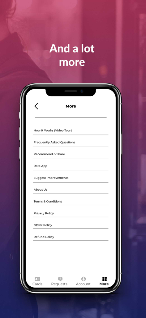 Salon Card For Hair & Beauty - La schermata del menu Altro nell'app Salon Card che mostra le opzioni di tour video di supporto e impostazioni.
