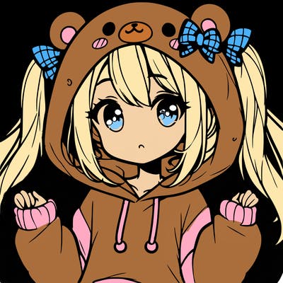 cute anime girl with ponytails and a cute bear hoodie