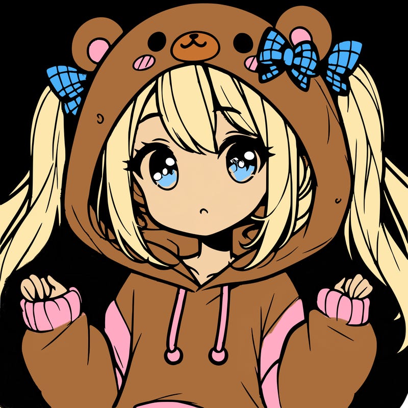 cute anime girl with ponytails and a cute bear hoodie