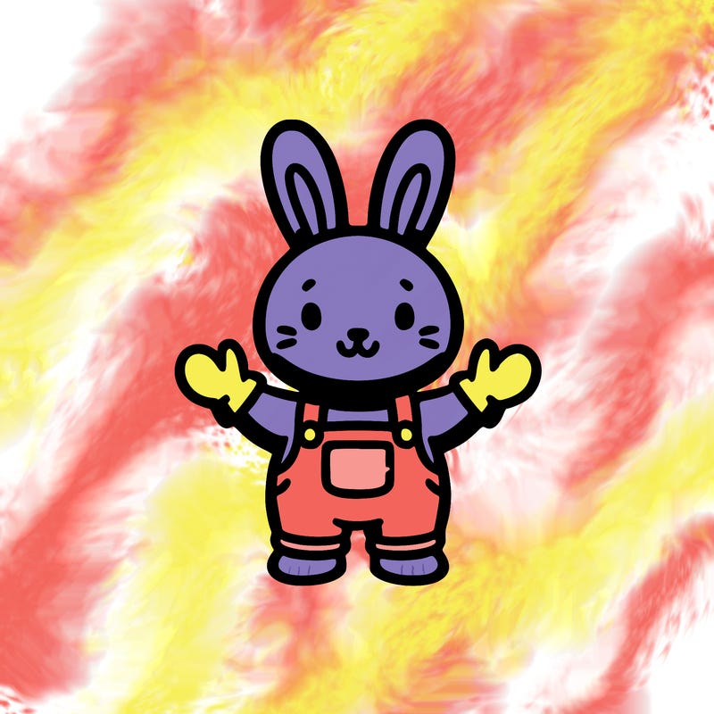 a purple bunnywearing yellow gloves and pink overall