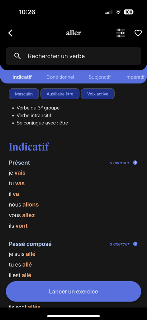 French conjugation! - Pantalla de conjugación de verbos franceses para el verbo aller que muestra los tiempos presente y pasado.