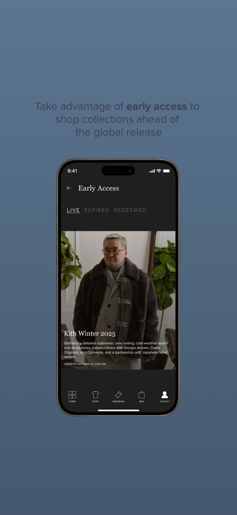 Kith - A smartphone screen showing the early access feature for the Kith Winter 2025 collection.