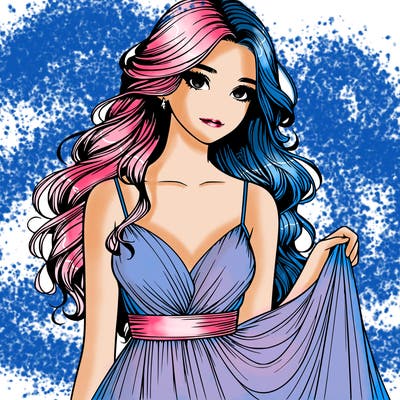 realistic girl in flowy silky prom dress