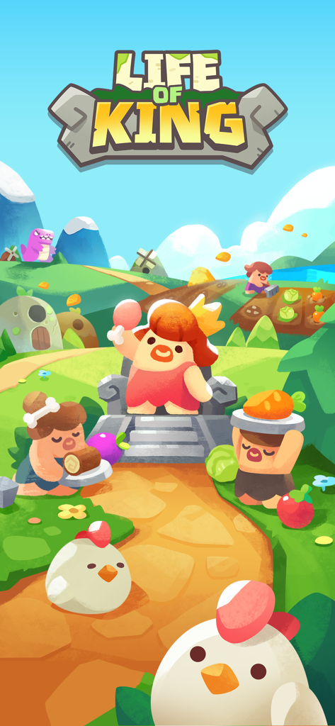 God of World - Bunte Illustration eines Steinzeitkönigs auf einem Thron, umgeben von Höhlenmenschen mit Essensopfern im Handyspiel Life of King.