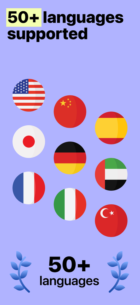 Voice Recorder: Speech-to-Text - Pantalla de la aplicación que muestra más de 50 idiomas compatibles para transcripción con varias banderas nacionales