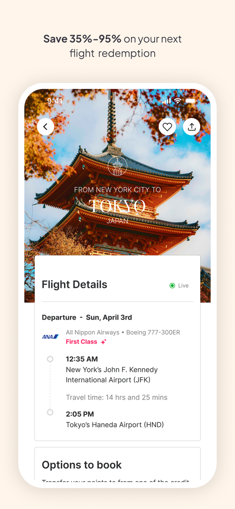 Roame - Award Travel - Roameアプリのスクリーンショット、ニューヨークから東京へのANAファーストクラスフライトの詳細を表示