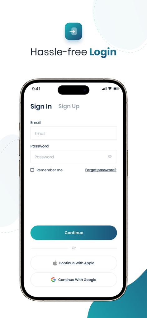 CopVPN - Fast & Secure VPN - Pantalla de inicio de sesión de la aplicación móvil CopVPN en iPhone que muestra opciones de inicio de sesión por correo electrónico y redes sociales para Google y Apple.