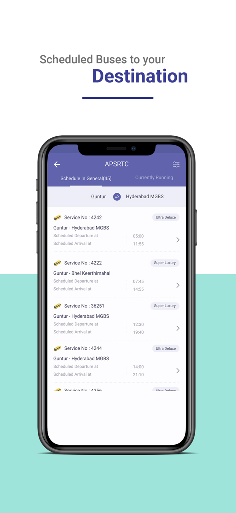 APSRTC LIVE TRACK - APSRTC app showing scheduled buses from Guntur to Hyderabad with departure and arrival times