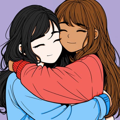 realistic two girls hugging