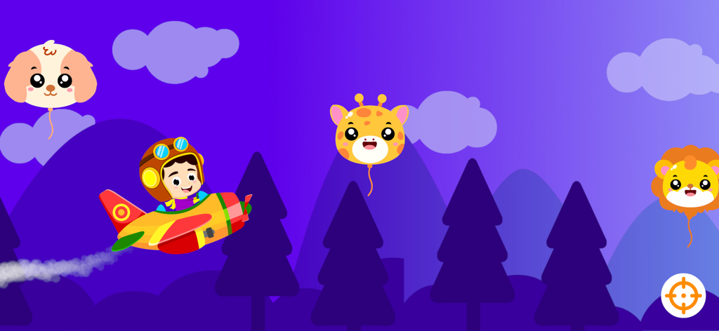 Kids Airplane: Learn ABC & 123 - Cartoon pilot flying an airplane near animal balloons in a purple forest