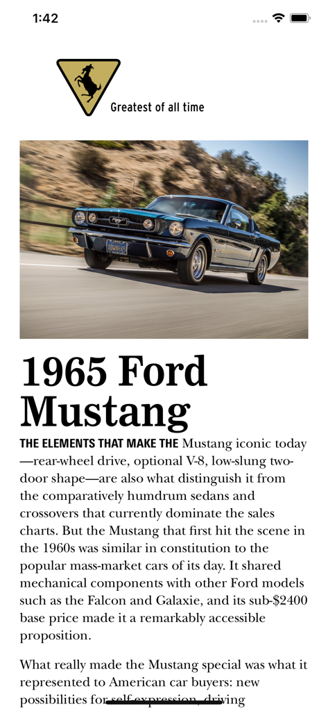 Car and Driver Magazine US - A feature article about the 1965 Ford Mustang in the Car and Driver Magazine app.