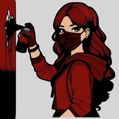 realistic girl with mask spray painting a wall