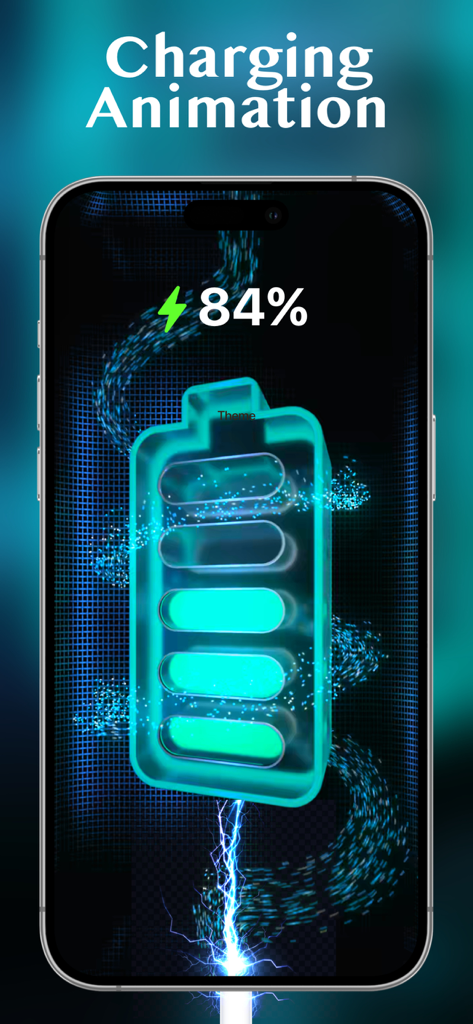 Live Wallpaper-Charing 4K - A 3D blue glowing battery on an iPhone screen showing charging progress