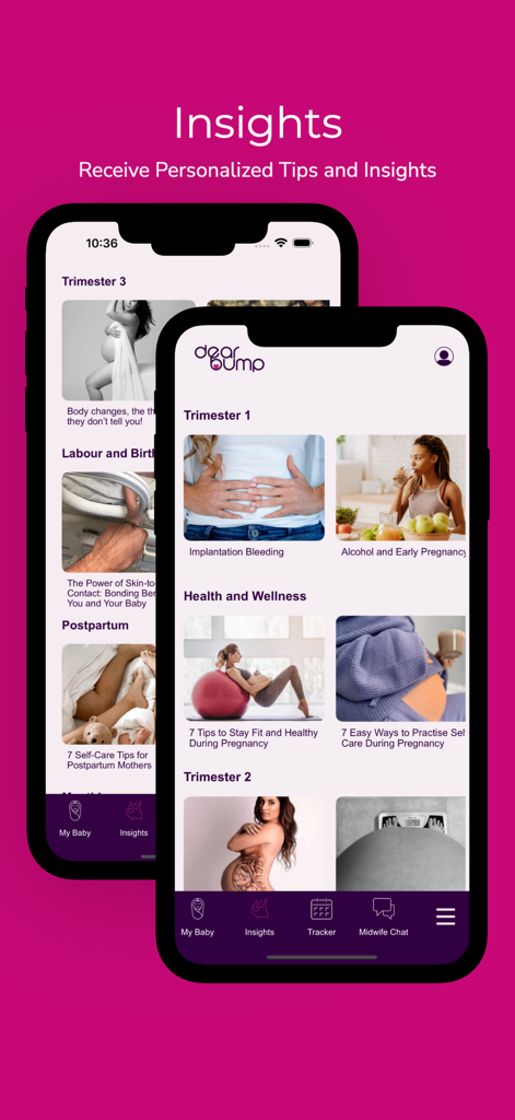 Dearbump: Pregnancy & Midwife - Zwei mobile Bildschirme, die den Dearbump App Insights-Bereich mit Lernartikeln für Trimester, Gesundheit und Wohlbefinden zeigen.