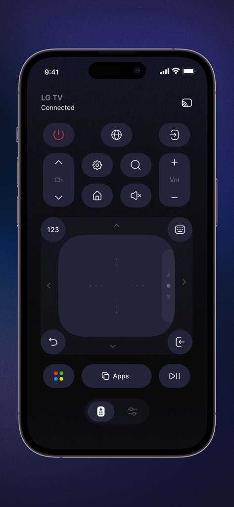Universal TV Remote Control・ - Interface of the Universal TV Remote Control app on an iPhone showing a touchpad and buttons for controlling an LG TV