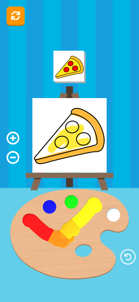 Mix & Paint - Gameplay screenshot of Mix and Paint showing a pizza slice drawing on a canvas and a color palette for mixing paints.