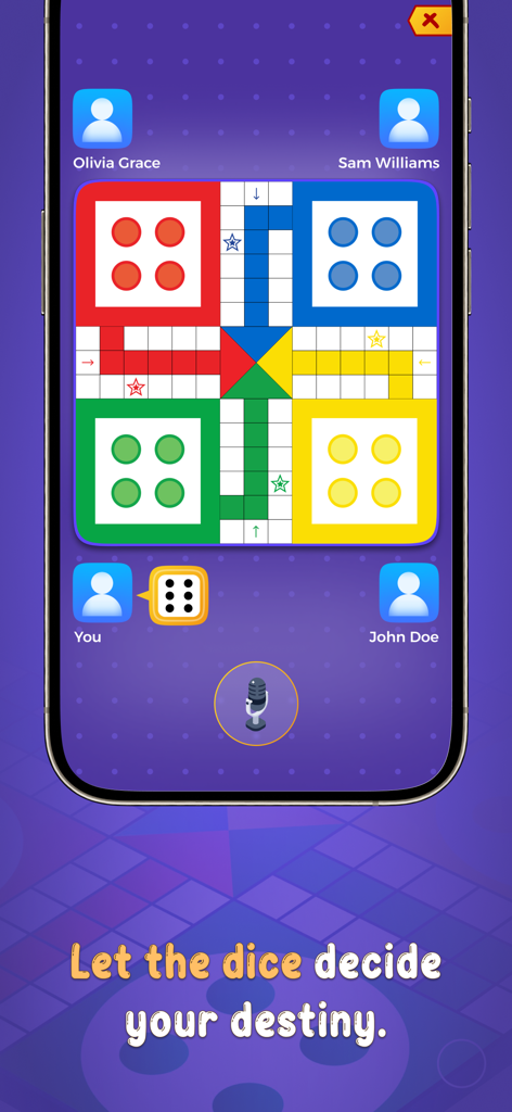 Ludo Voice - Una pantalla móvil que muestra un juego de mesa Ludo en progreso con cuatro jugadores y un icono de micrófono de chat de voz.