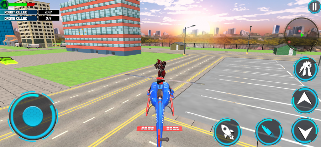 War Machines:Battle Robot Game - Un robot rojo de pie sobre un helicóptero azul en un entorno de ciudad 3D con controles de juego.