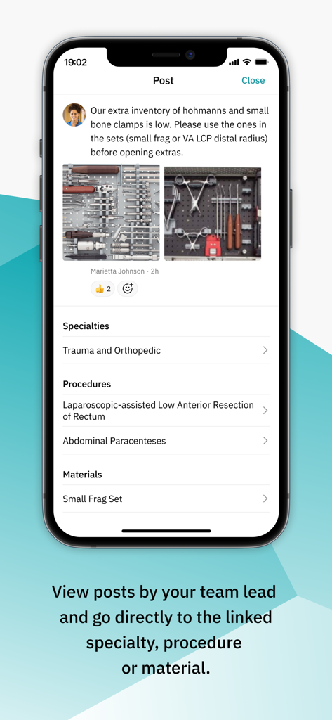 Incision Assist app interface showing a team post with surgical inventory photos and links to medical procedures and materials.