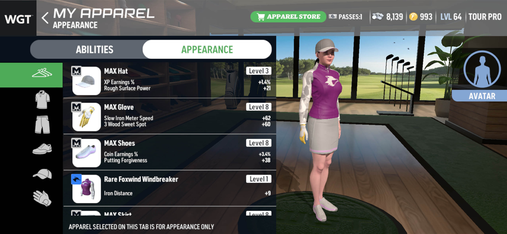 WGT Golf: Realistic Golf Game - Customizing female golfer avatar apparel and equipment in WGT Golf