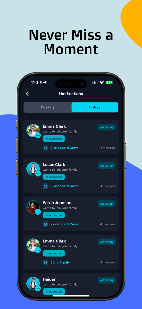 Haven: Find Phone Location - Pantalla de smartphone mostrando un historial de solicitudes aceptadas de círculos familiares en la app Haven.