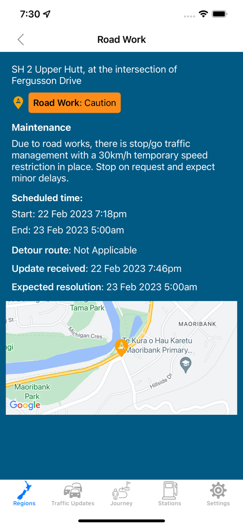 Road work alert details for SH 2 Upper Hutt in the NZ Traffic app