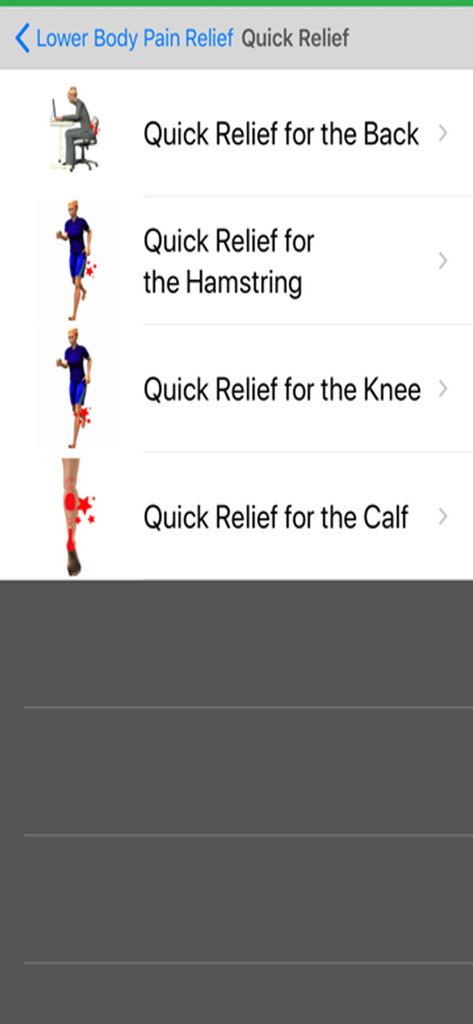 Stretch For Pain Relief Lower - App menu showing quick relief options for back hamstring knee and calf pain