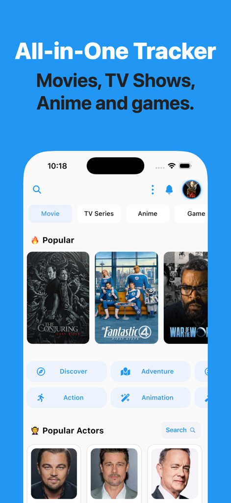 Watchlistfy: Track & Discover - Watchlistfy app home screen showing an all-in-one tracker for movies, TV shows, anime, and games with a list of popular titles and actors.
