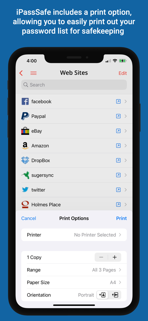 Password Manager iPassSafe . - iPassSafe app showing print options for a website password list on iPhone