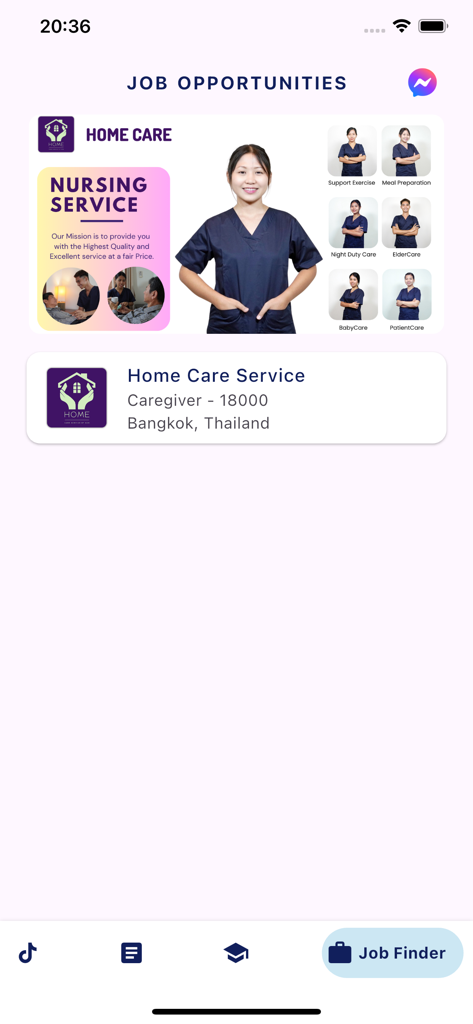 Screenshot of the job finder section in the app showing home care nursing roles in Bangkok