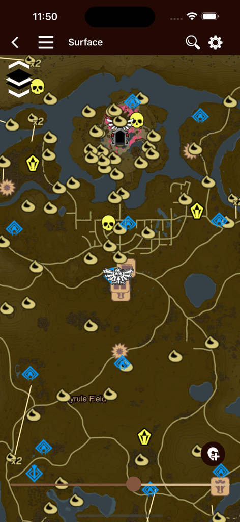 Tears Companion - An interactive surface map of Hyrule in the Tears Companion app showing locations for Korok seeds, shrines, and enemies.