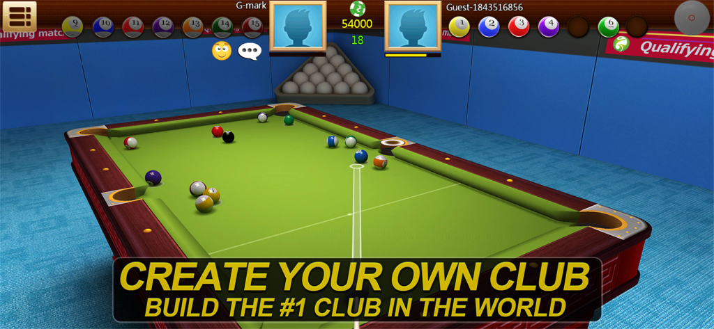 Gameplay de partida online do Real Pool 3D com um banner sobre a criação de um clube