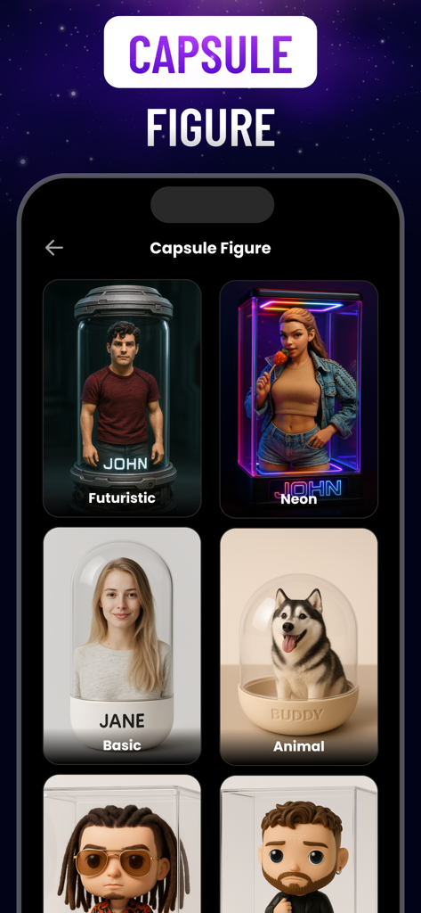 A gallery showing different AI generated action figure styles in capsules including futuristic and neon themes