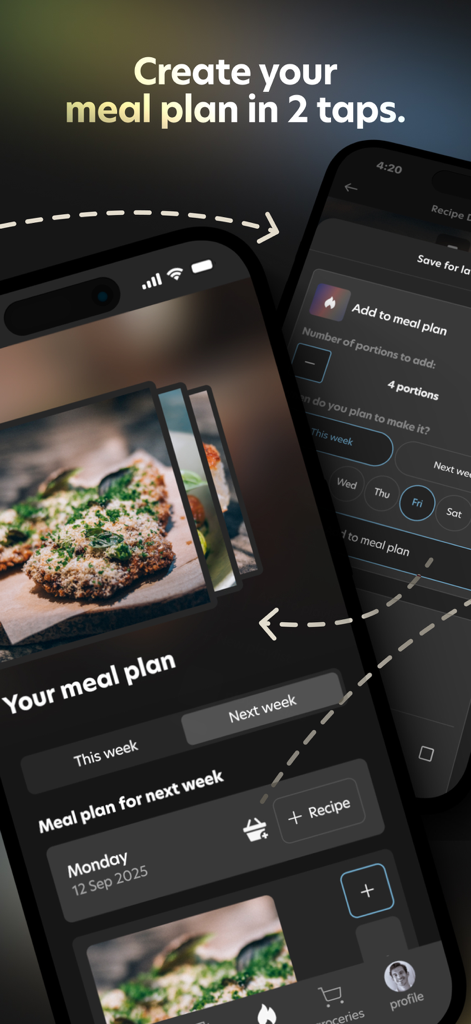 FoodFix mobile app screen for easy meal planning and recipe portion selection