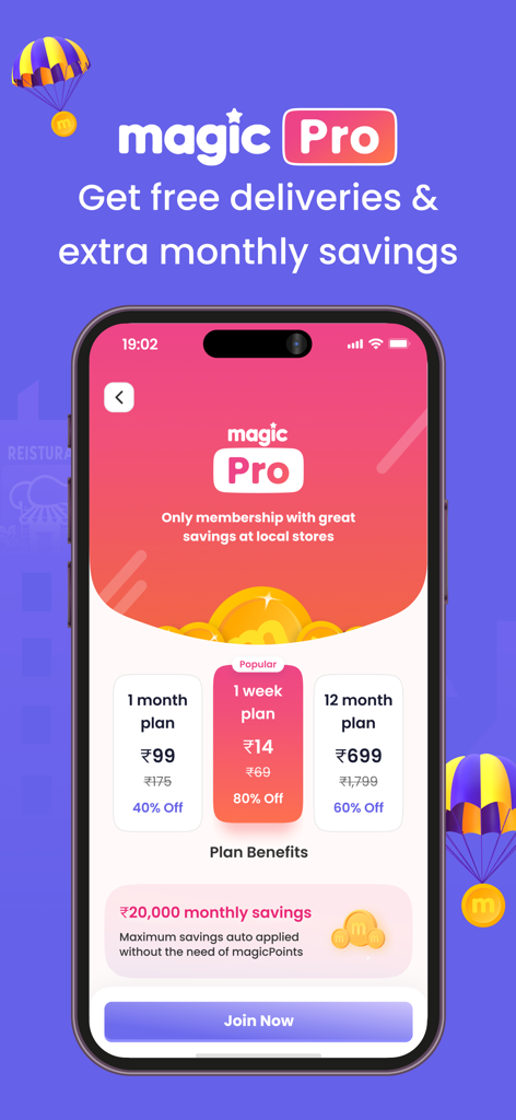 A tela de assinatura magicPro no aplicativo magicpin mostrando diferentes planos de assinatura e benefícios como entrega grátis e economia mensal.