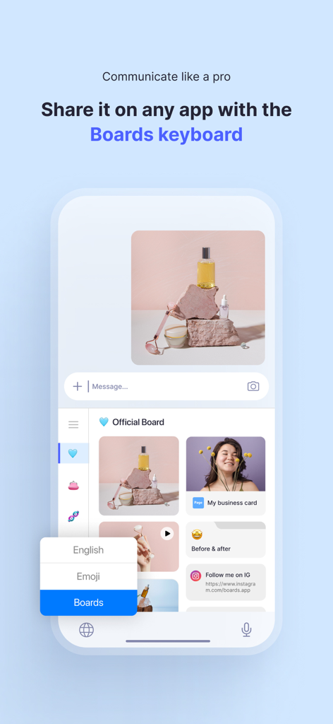 Tela do iPhone mostrando o teclado personalizado do Boards sendo usado para compartilhar conteúdo de negócios e imagens de produtos