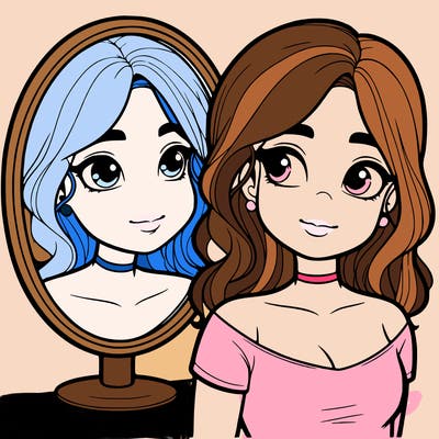 realistic girl looking at a mirror