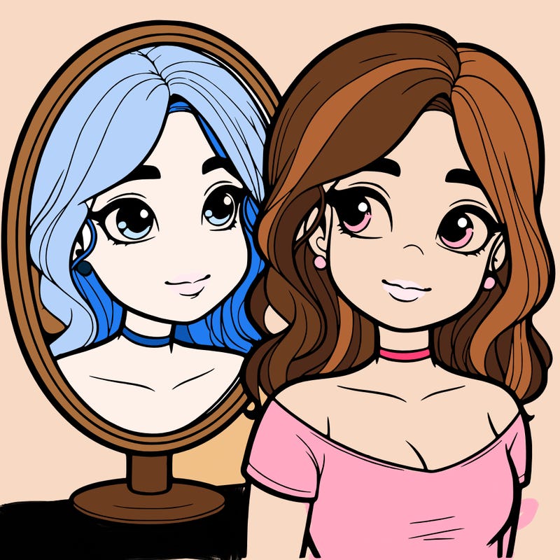 realistic girl looking at a mirror