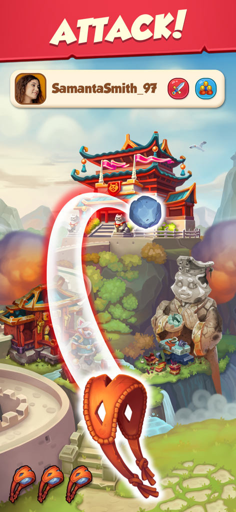Captura de tela do gameplay de Age of Coins Master of Spins mostrando um jogador usando um estilingue para atacar um edifício de época histórico