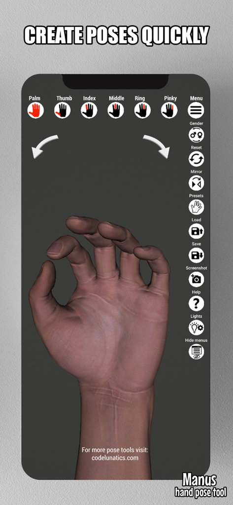 Manus app interface displaying a 3D hand model with various controls to create and customize hand poses for artists