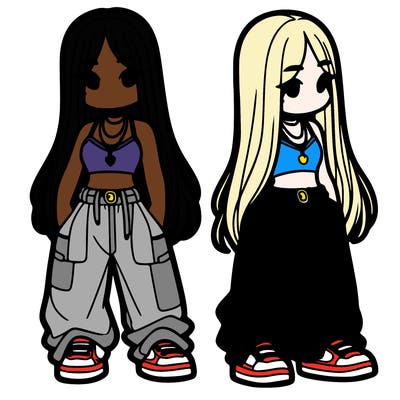 girl in baggy pants crop top and long hair