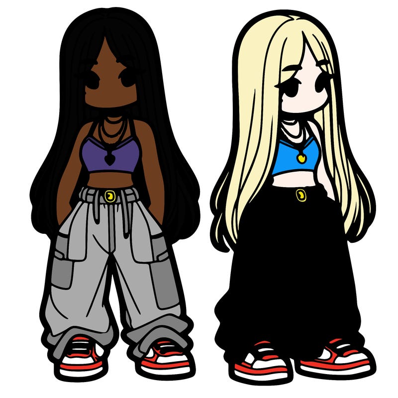 girl in baggy pants crop top and long hair