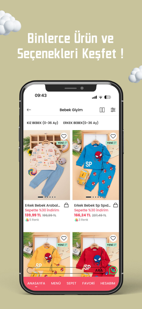 Minicity - L'interface de l'application Minicity présentant une collection triée sur le volet de vêtements pour bébés et enfants avec des informations sur les prix et les remises.